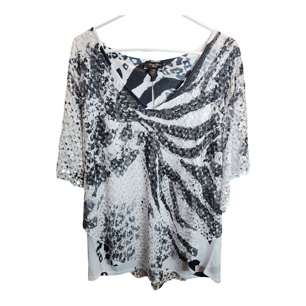 Brittany Black Plus Size 3X Lace Overlay Abstract Blouse Black White V-Neck
